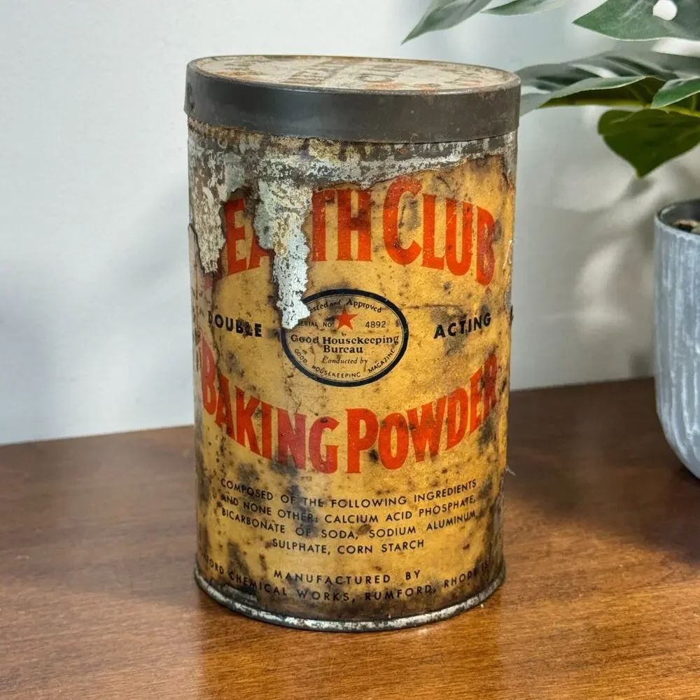 Antique Health Club Baking Powder Tin Can w/Lid Rumford RI Good Housekeeping